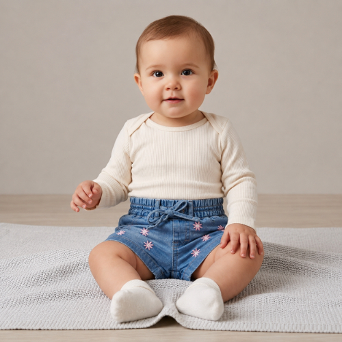 Short Jeans Bebê Menina Bordado Floral Cós Elástico Lordan