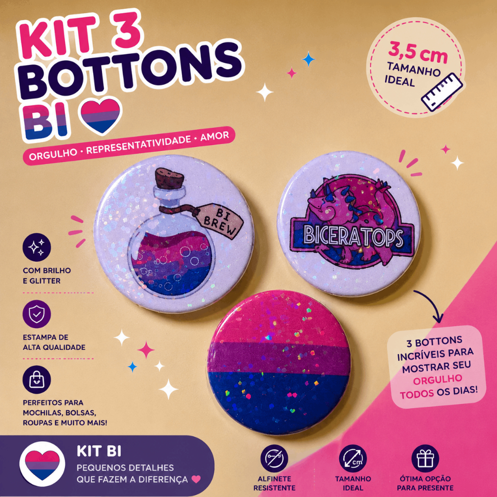 Kit 3 Bottons Bi 3,5cm Glitter | Pin Bissexual LGBTQIA+ Orgulho