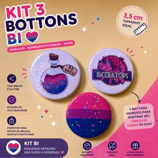 Kit 3 Bottons Bi 3,5cm Glitter | Pin Bissexual LGBTQIA+ Orgulho