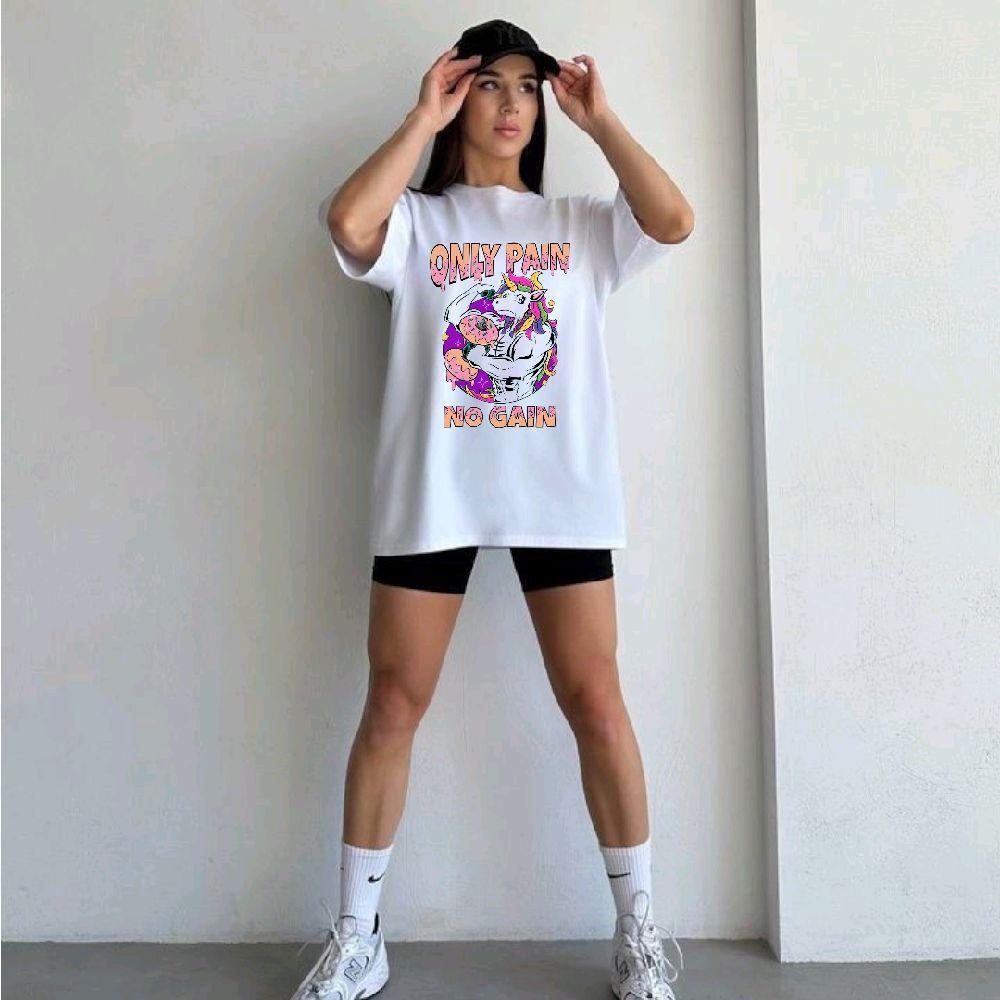 Camiseta Oversized Feminina 100% Algodão Estampa Unicórnio Bombado Academia Musculação Engraçada Only Pain No Gain