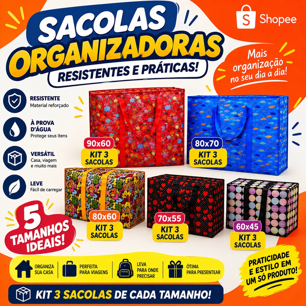 Kit 3 Sacolas de Feira Grande Zíper Impermeável Sacoleira Ziper Resistente - Viagens Compras