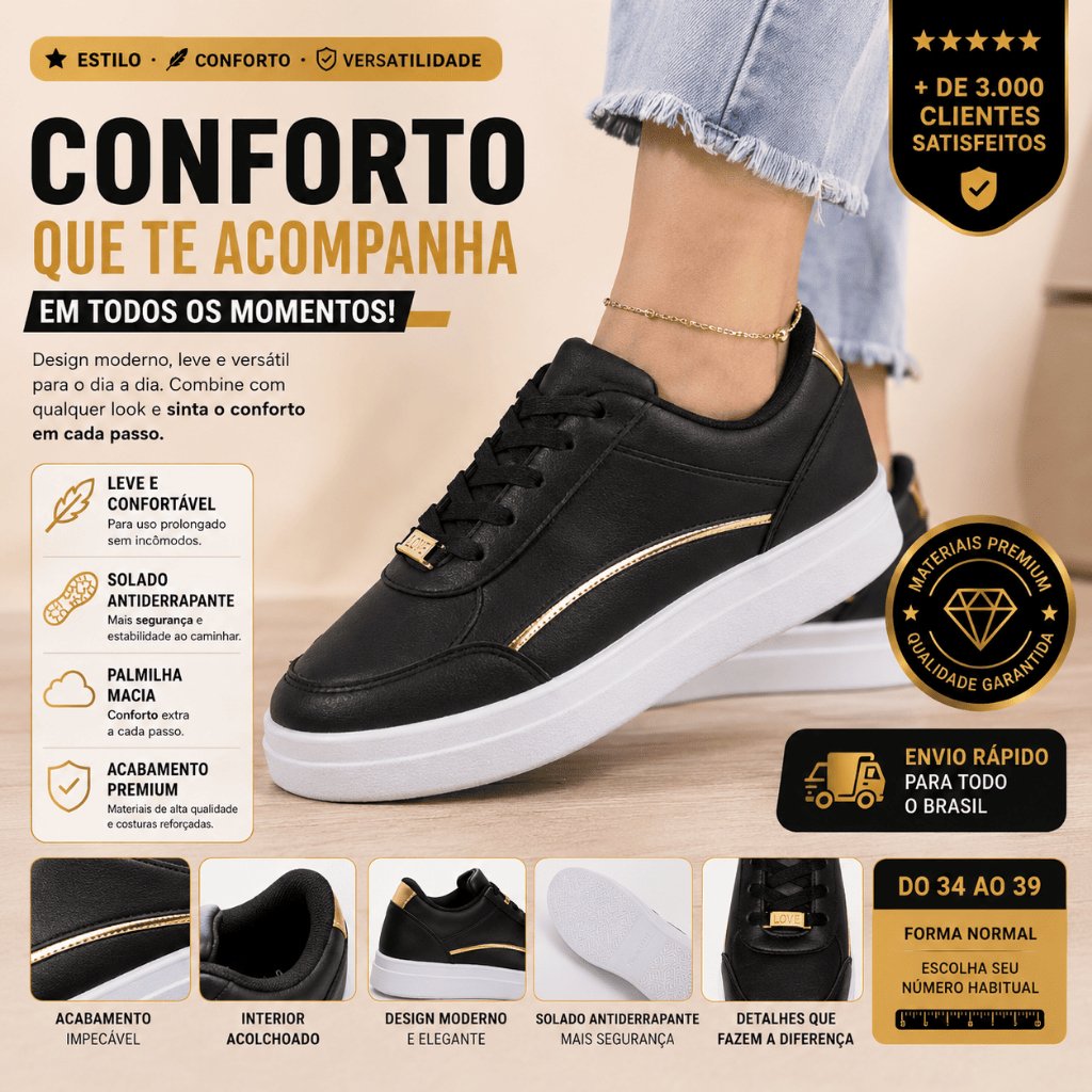 Tênis Feminino Casual Preto Detalhe Dourado Confortável Leve Solado Branco para Trabalho e Dia a Dia