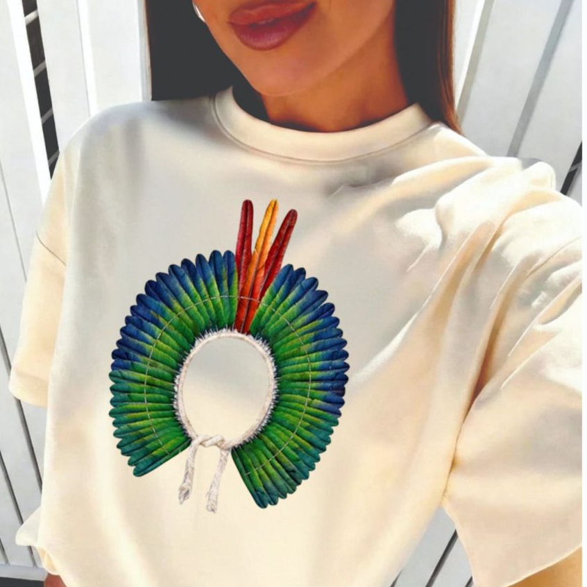 Camiseta T-shirt100%algodão blusa feminina estilosa umbanda roupa descolada brasil tropical cocar
