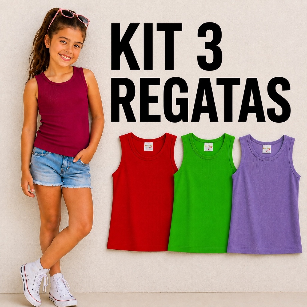 Kit 3 Regatas Infantis Femininas Sortidas Caneladas Coloridas Básicas Verão Menina Roupa Casual | Tam 4 ao 14 anos