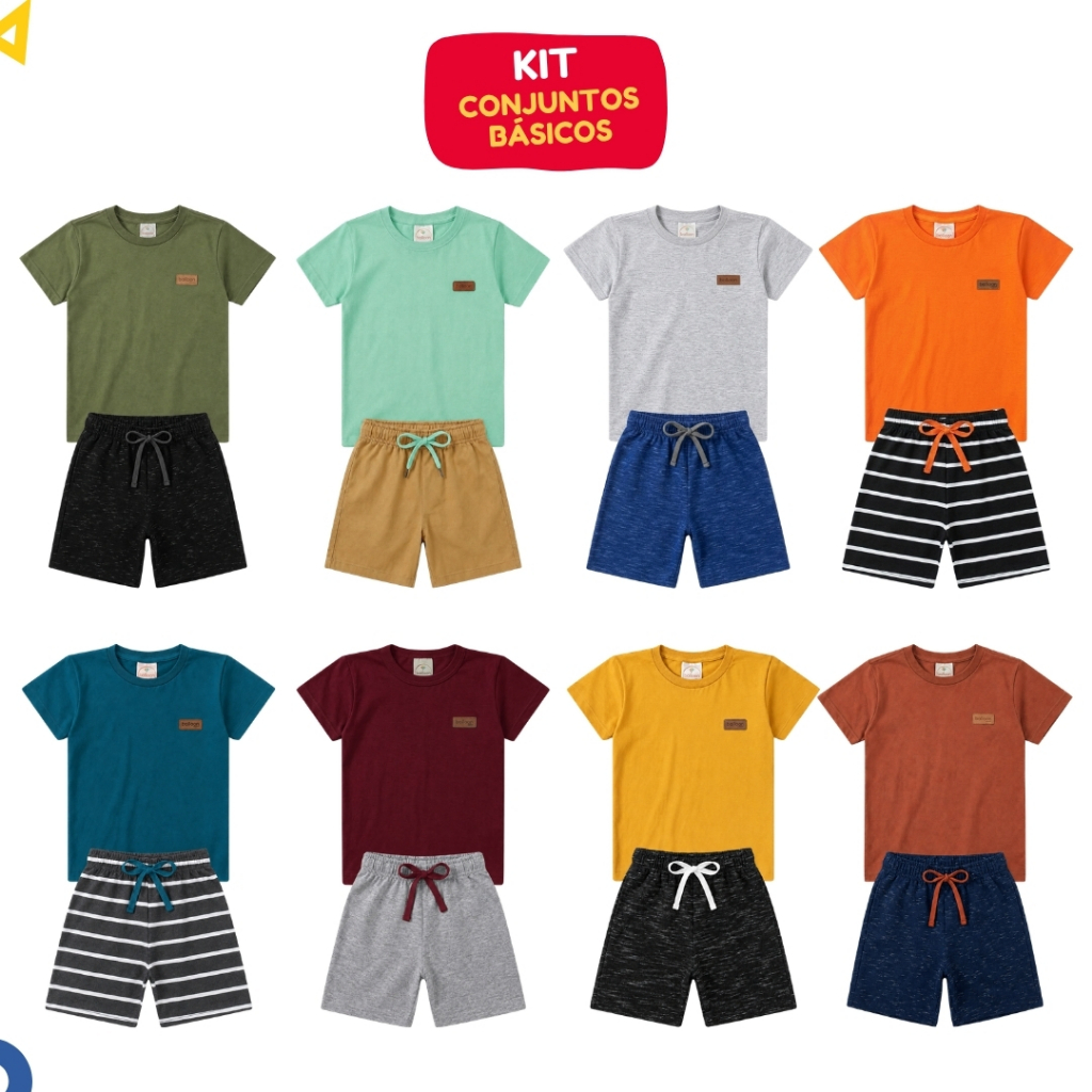 Kit 6 Peças Roupa Básica Infantil Menino Conjunto Masculino Liso Algodão Verão 3