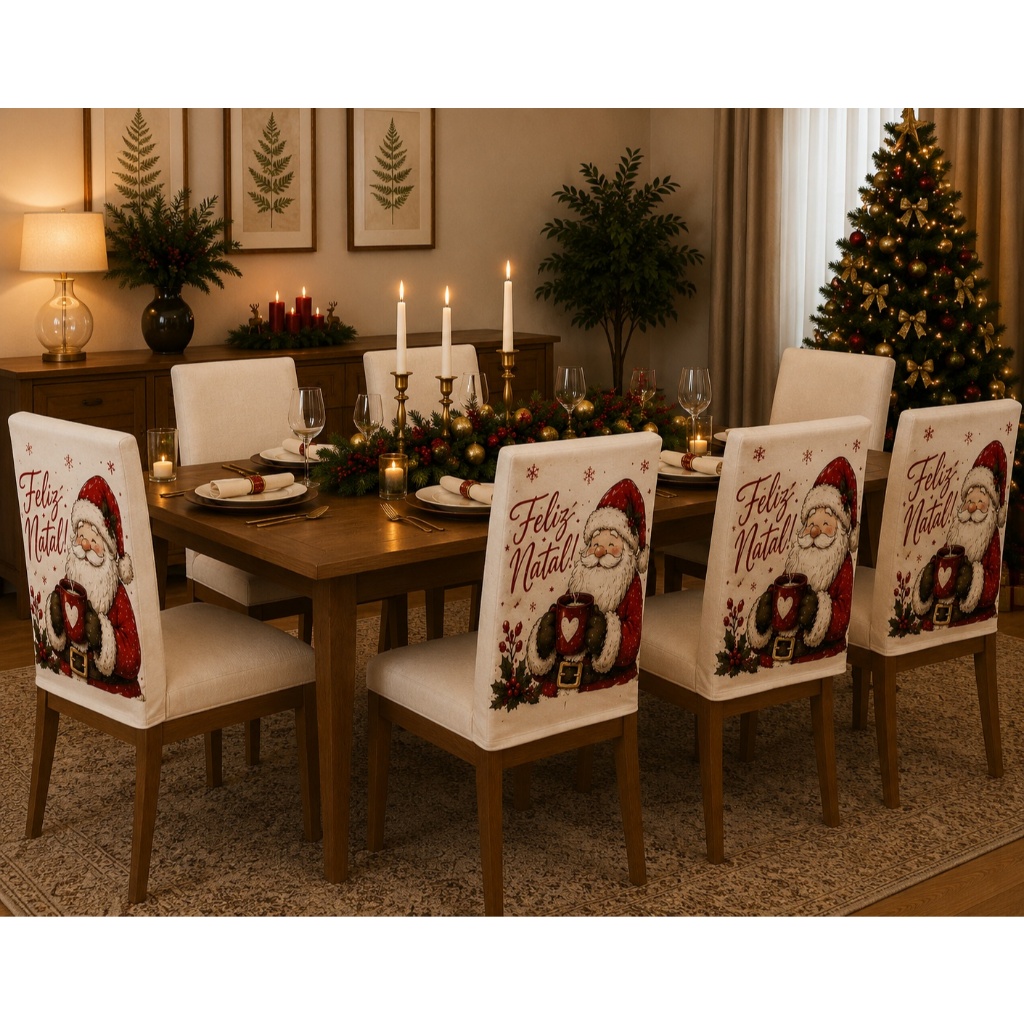 Kit 4 ou 6 Capas para Encosto de Cadeira Natalinas – Estampadas – Decoração de Natal