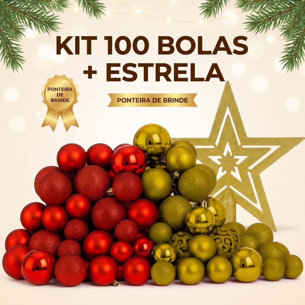 Kit 100 Bolas de Natal com Estrela Lisas, Foscas e Glitter