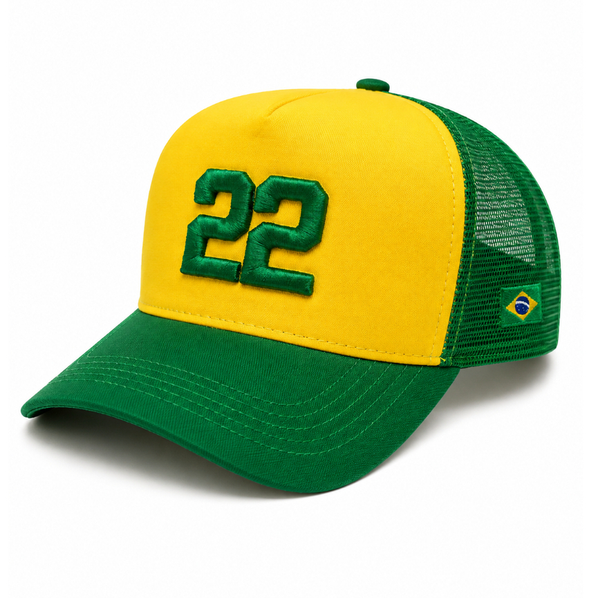Boné Brasil 22 Trucker Verde/Amarelo Bordado Bandeira Nacional Alto Padrão