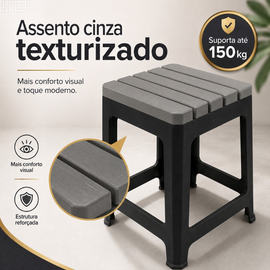 Banqueta Plastica Reforcada Preto Alto Suporta Ate 150kg Banquinho Ideal Para Bar e Churrasco