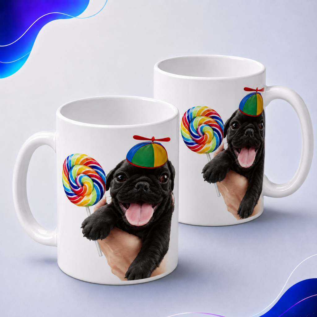 Caneca Meme Cachorrinho Bobinho Com Pirulito E Chapéu De Criança Pug Pirulito