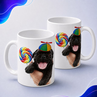 Caneca Meme Cachorrinho Bobinho Com Pirulito E Chapéu De Criança Pug Pirulito