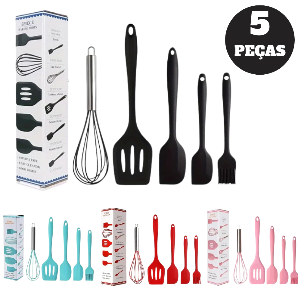 Kit 5 Utensílios de Cozinha Silicone Cabo Inox Conjunto Culinário Espátula Concha Fuet Pincel Antiaderente