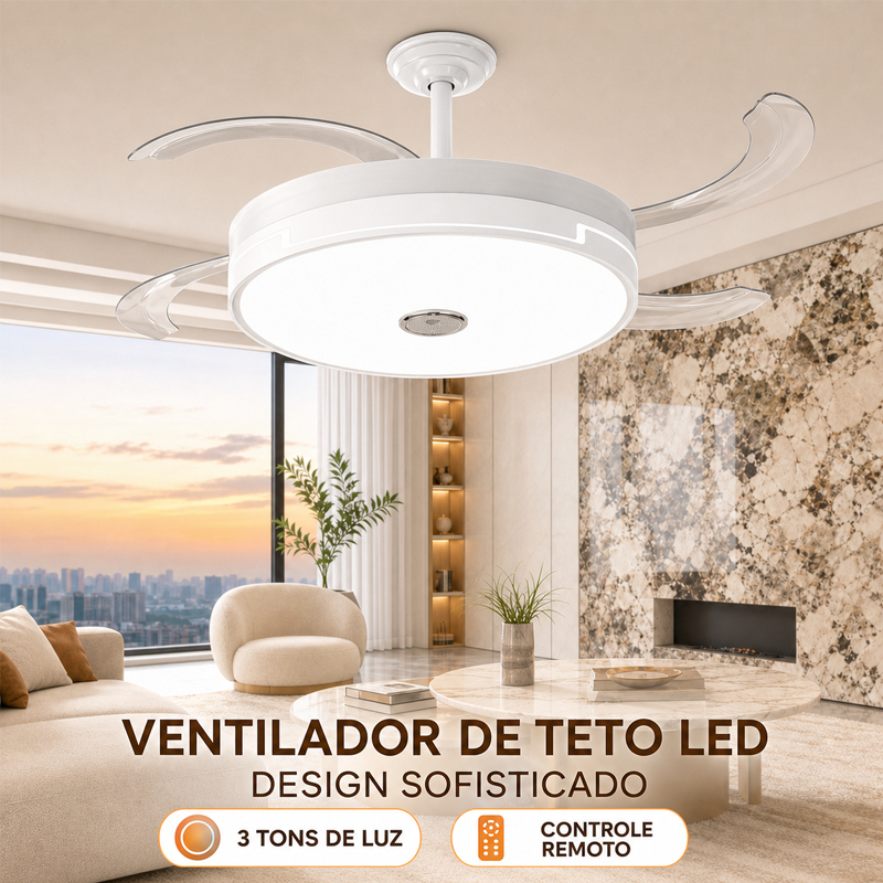 Ventilador de Teto Retrátil 42" LED com Controle Remoto 4 Pás Transparentes Luminária LED Função de Música Silencioso