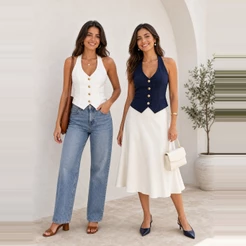Colete Halter Feminino Sem Mangas V‑Neck Botões Dourados Modelador Cintura, Casaco Curto Versátil Para Dia a Dia e Festa