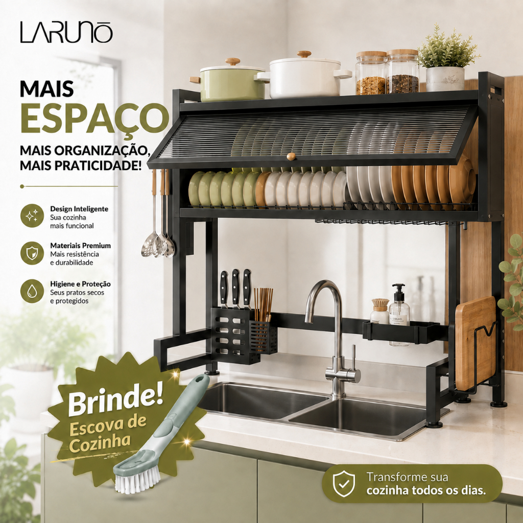 Escorredor de Louças Suspenso Sobre Pia Kitchen Rack Inox com Porta e Organizador + Brinde LARUNO