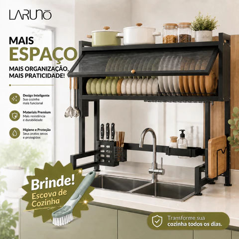 Escorredor de Louças Suspenso Sobre Pia Kitchen Rack Inox com Porta e Organizador + Brinde LARUNO