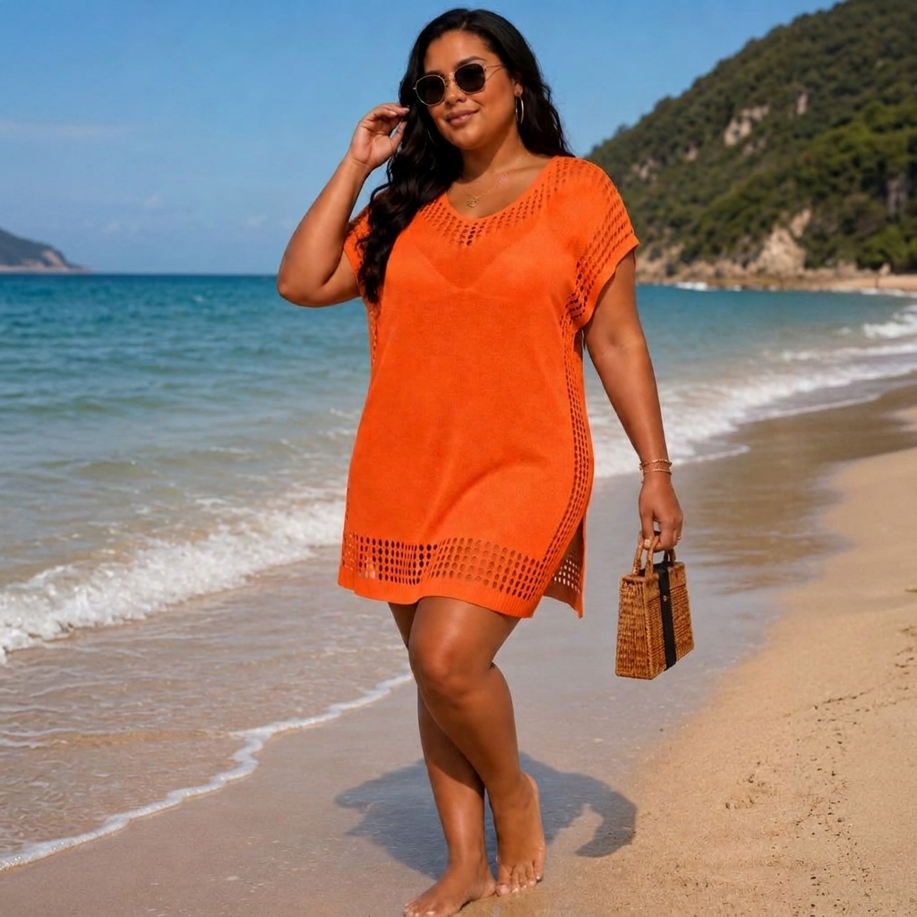Saída de Praia Feminina Tricot Furadinho Plus Size Vestido Verão Confortável Elegante