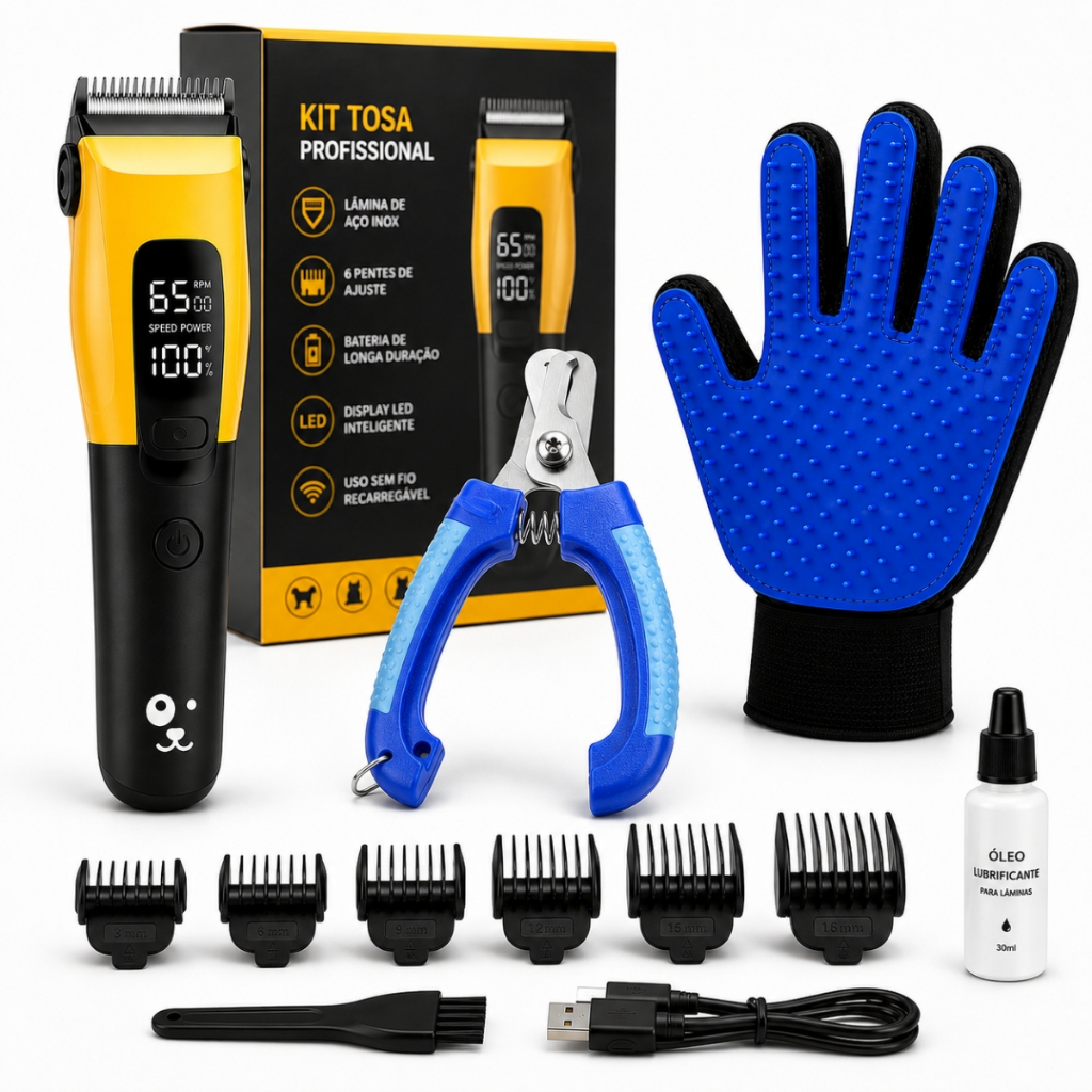 Máquina de Tosa cães e gatos B-MAX e Luva Removedora de Pelos, Tosador Silenciosa, Inox, Bivolt USB