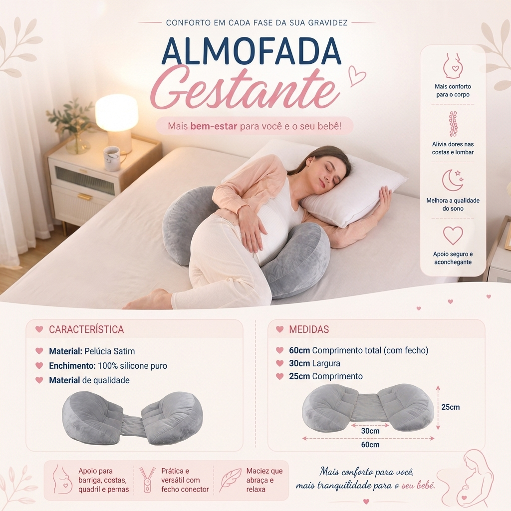 Almofada Gestante Ajustável Conforto na Hora de Dormir - Melhora o sono