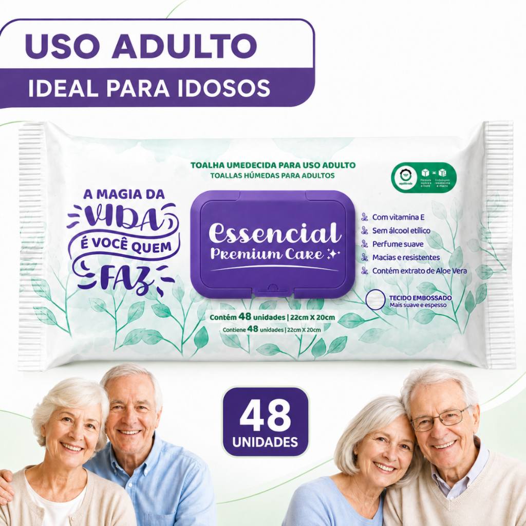 Kit Pacote Lenço Umedecido Hipoalergênico Toalhinha Higiene para Idoso Toalha Grossa Macia 48 Folhas Essencial Premium