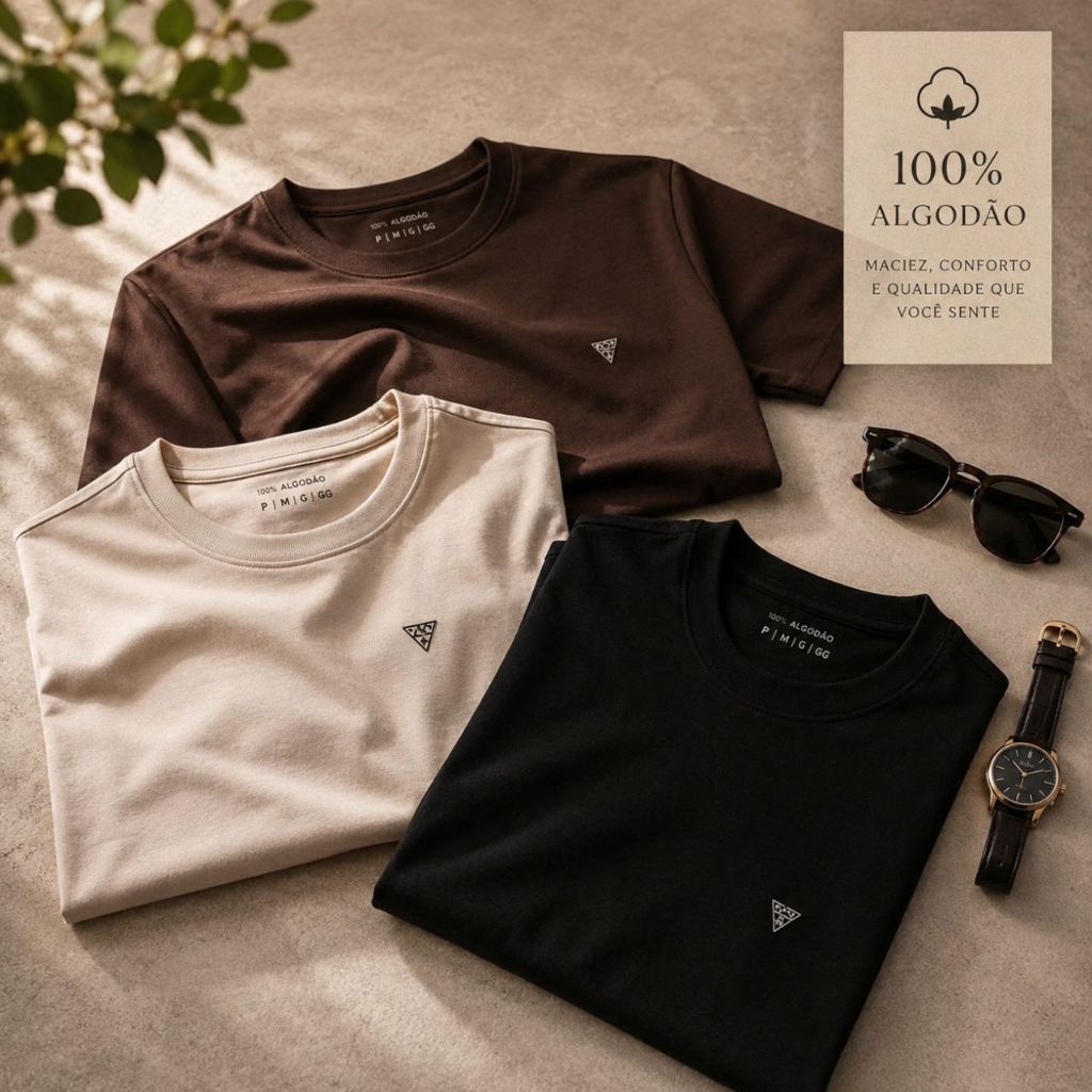 Kit 3 Camisetas 100% Algodão Básicas,  Blusas Confortáveis e Econômicas