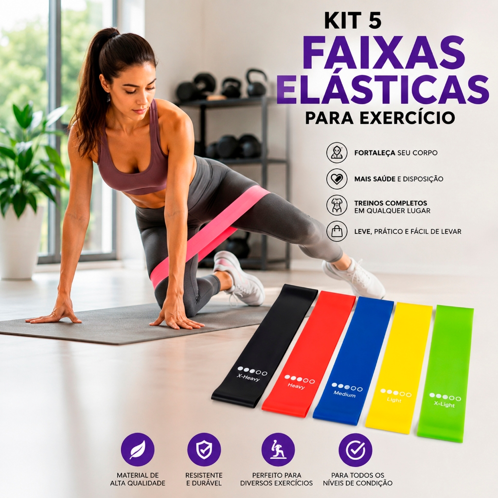 Kit 5 Faixas Elásticas De Resistência Em Látex | Yoga Pilates Treino Em Casa Academia E Fisioterapia