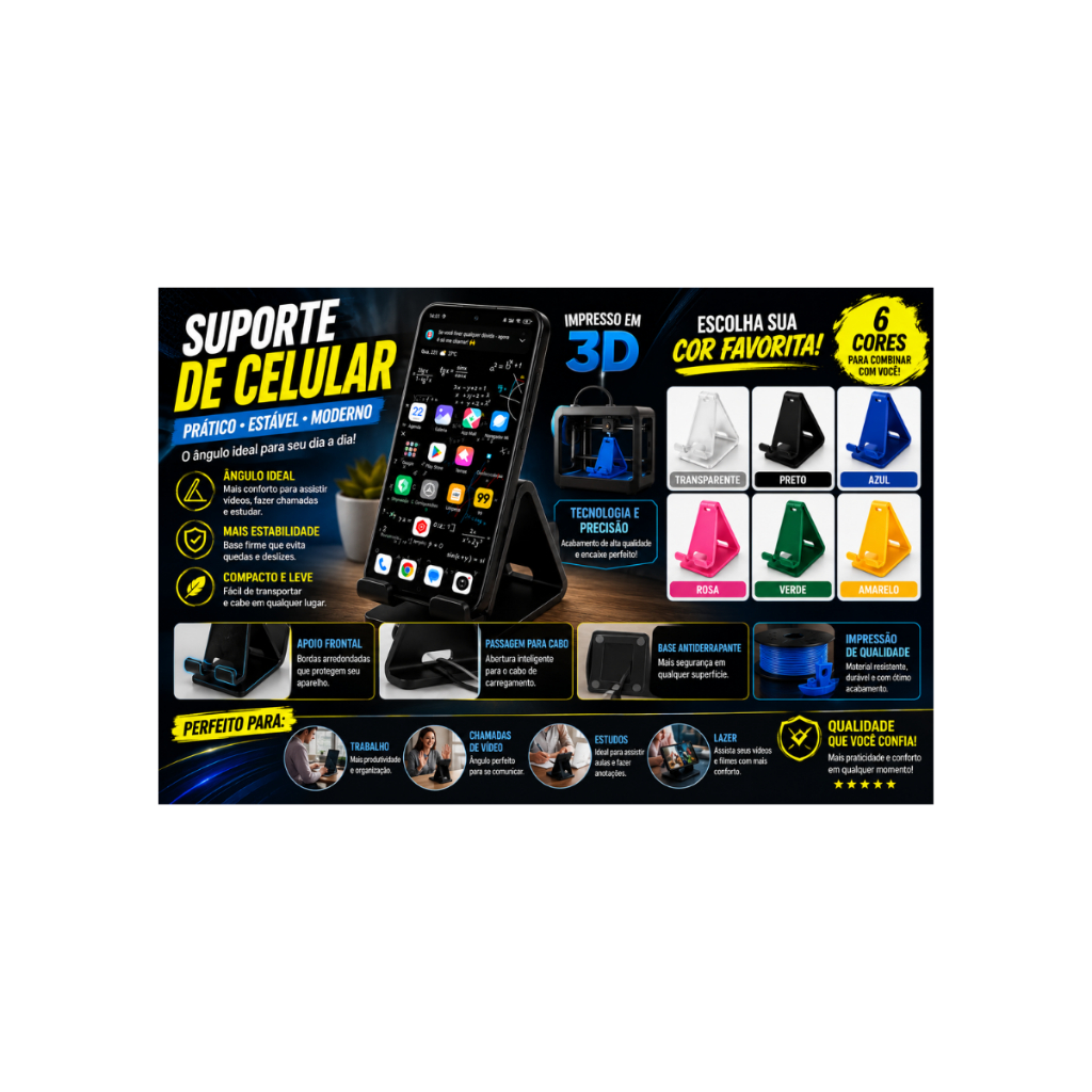 Suporte Universal para Celular Impresso em 3D | Base de Mesa para Smartphone