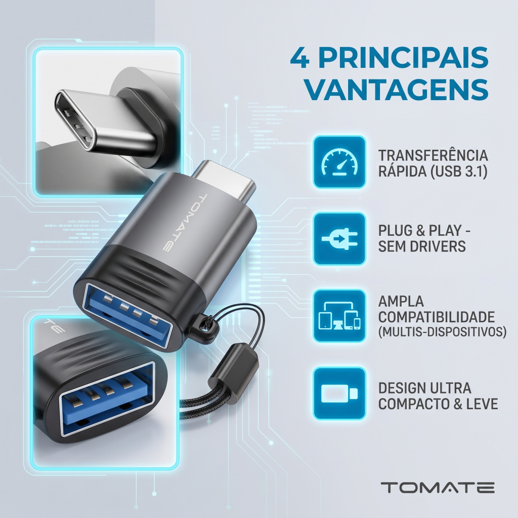 Adaptador OTG USB Tipo C Macho para USB A Fêmea Conversor USB-C para Pendrive Teclado Mouse Celular Tablet Android