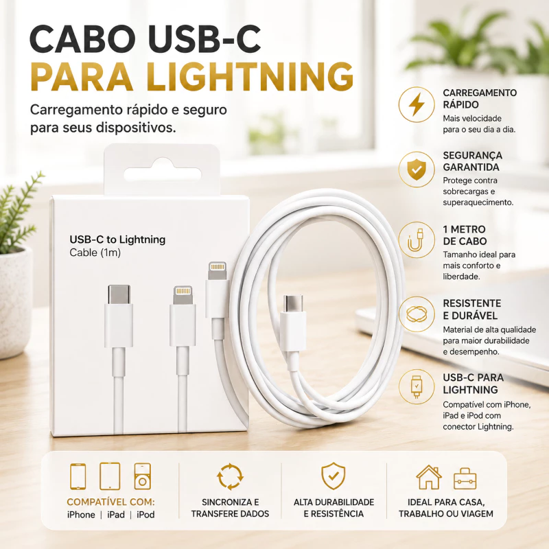 {Premium} Cabo Carregador Turbo 20W USB - C Lightning P/ IPhone 8 11 12 13 14 Carregamento Rápido