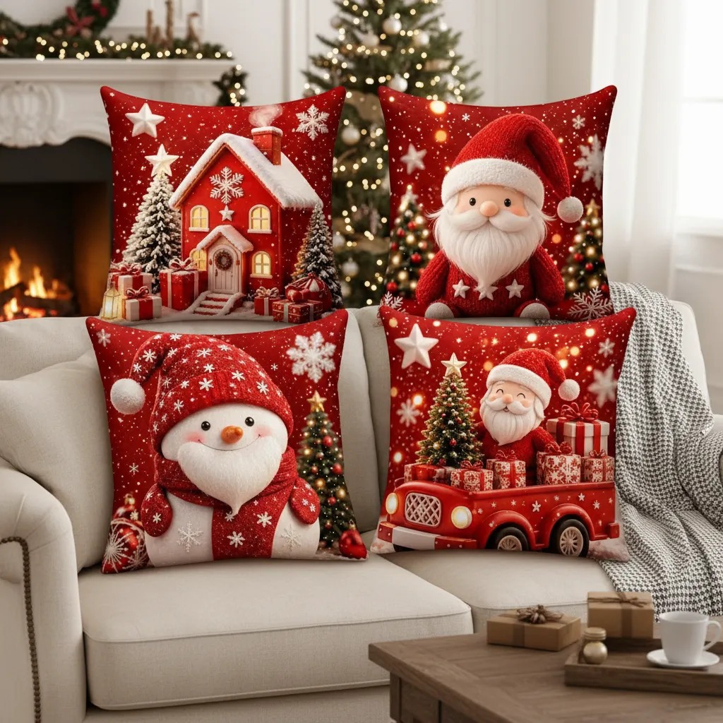 Kit 4 Capas Almofadas Decorativas Natal 45x45cm Estampadas