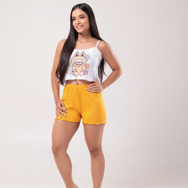 Pijama feminino blusa cropeed alcinha estampada e short liso SUEDE PREMIUM ESTAMPAS SORTIDAS