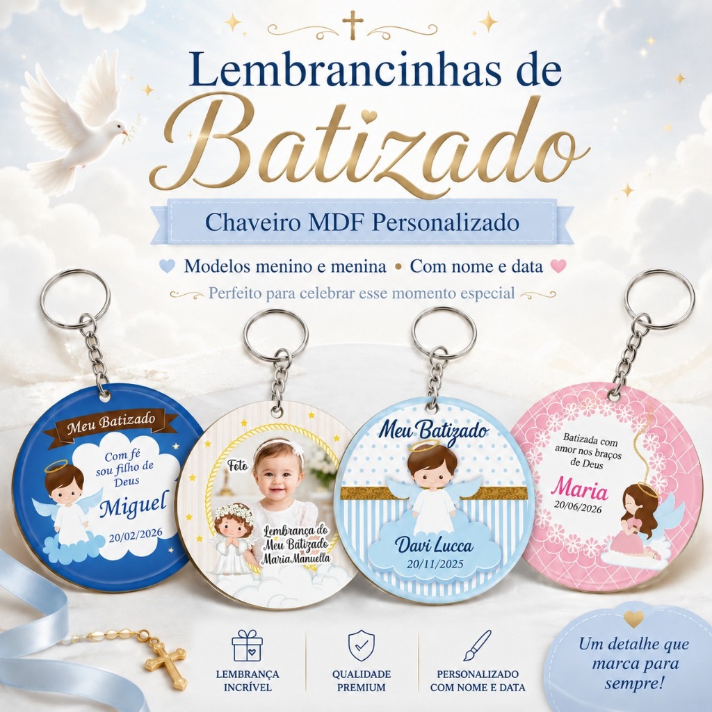 Kit Chaveiro MDF Batizado Anjinho Menino Menina Lembrancinha Personalizada com Nome e Foto