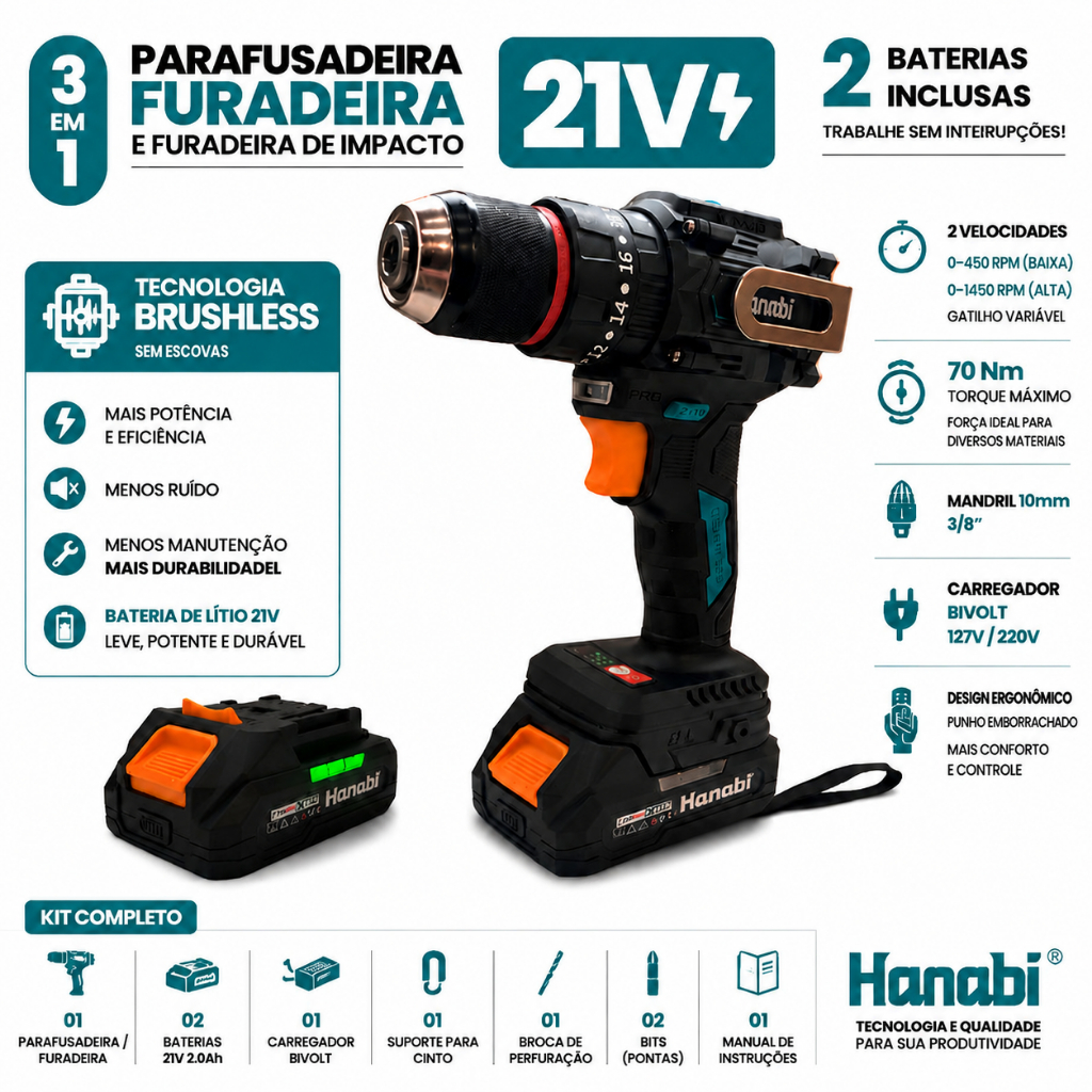 【Hanabi】Parafusadeira Furadeira 21V Sem Fio Brushless Sem Escova 1300RPM Bivolt 127/220V Profissional LB-SEM5003