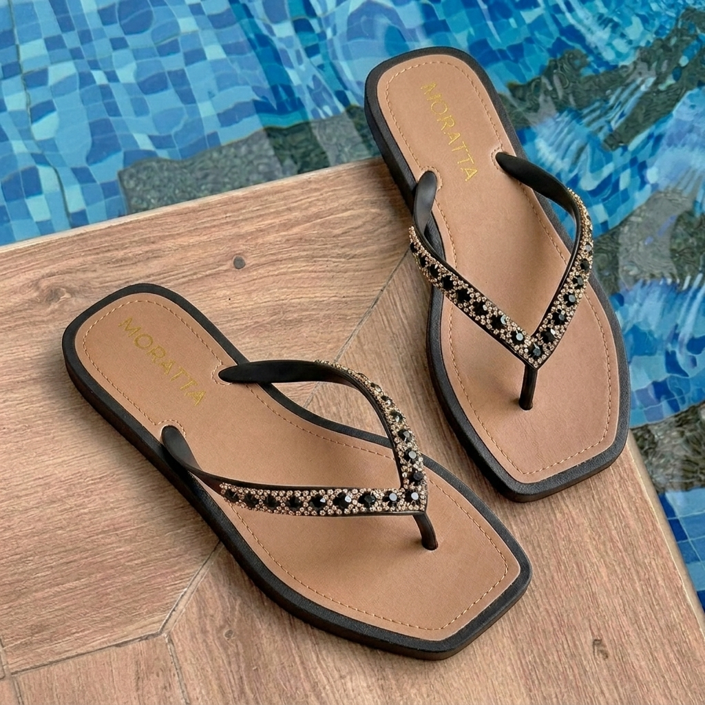 Chinelo Feminino Strass Pedraria Elegante Bico Quadrado Confortável Têndencia Verão