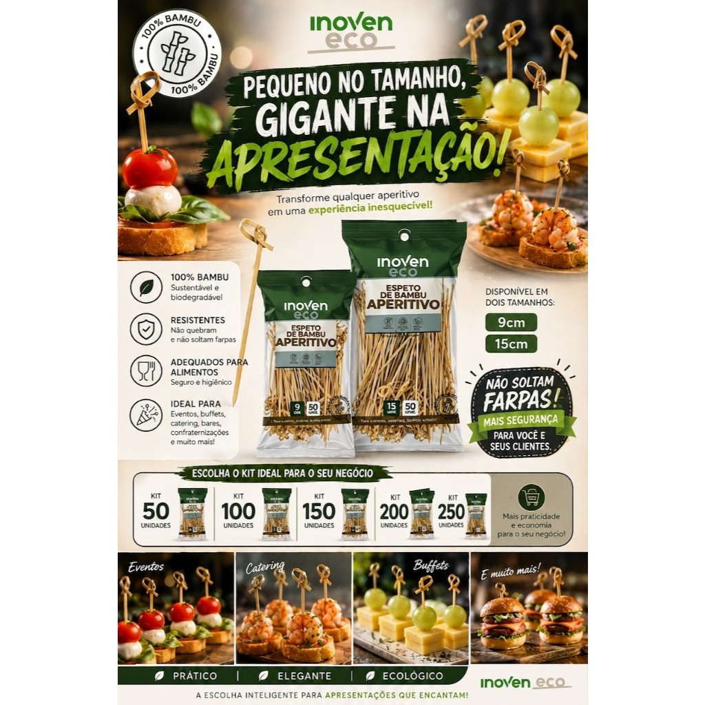 Kit de até 250 Espetos de Aperitivo em Bambu – Tamanhos 9 cm e 15 cm