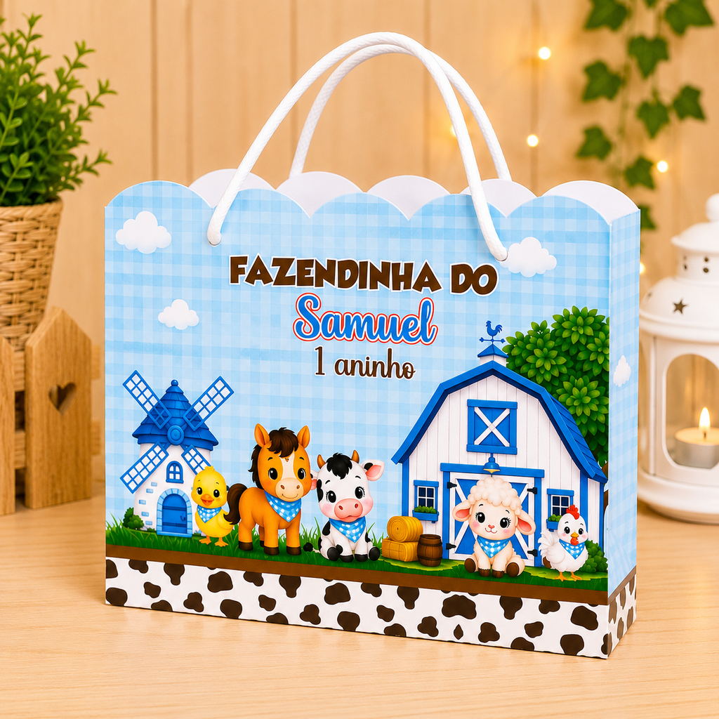 Sacolinha Personalizada para Festa Infantil | Lembrancinha com Nome | Vários Temas Disponíveis FAZENDINHA AZUL
