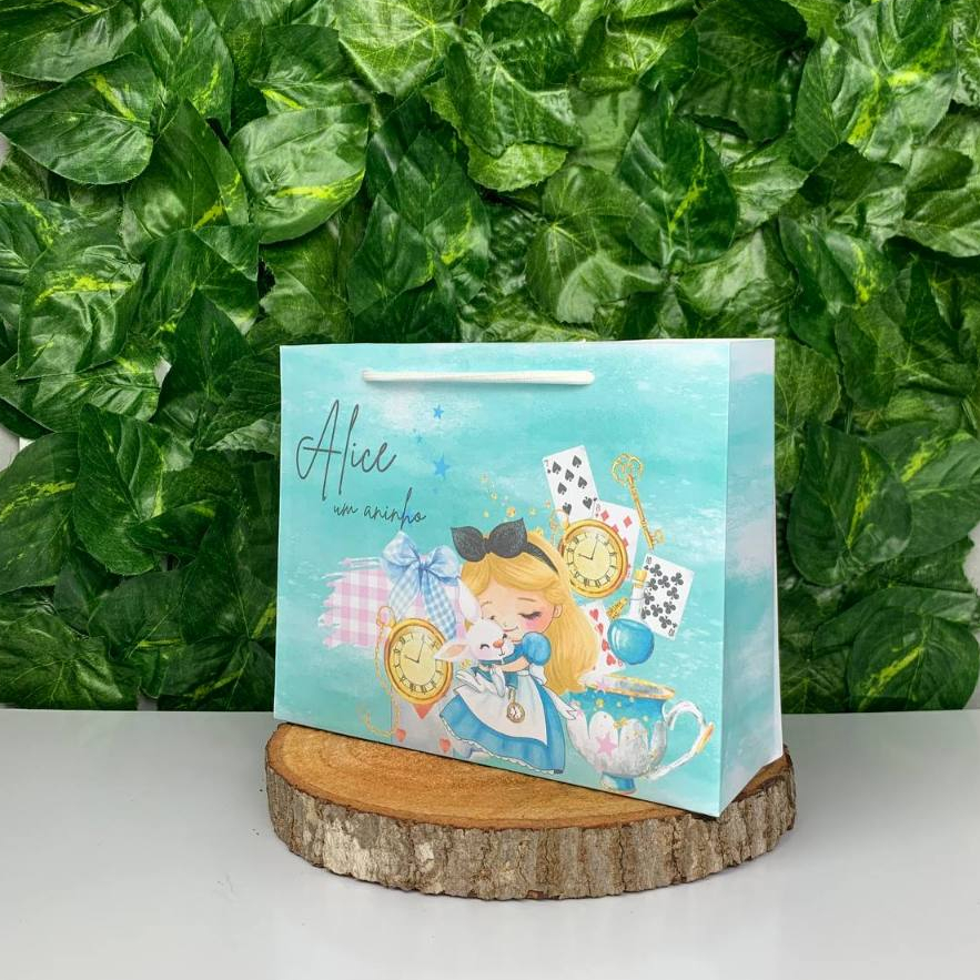 Sacolinha Personalizada Alice no País das Maravilhas Aquarela Azul Lembrancinha para Festa Infantil