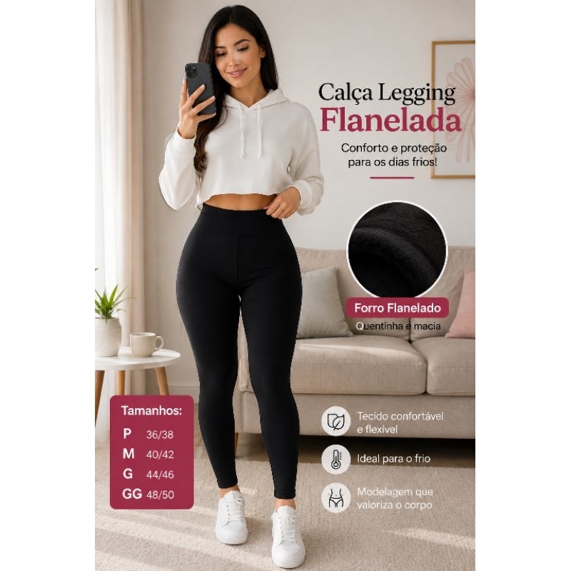 Legging Flanelada Grossa Calça Leg Peluciada Forrada Por Dentro Costura Reforçada Calça Térmica