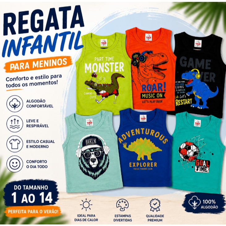 Regata Infantil Sortida para Menino Verão Algodão Macia Leve Confortável Casual Moda Kids