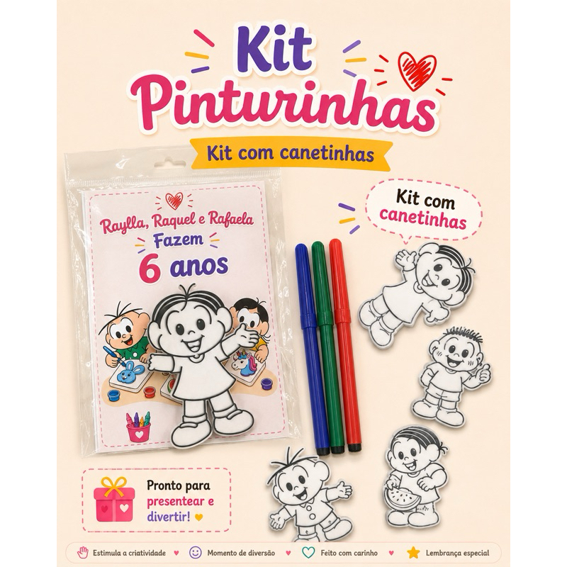 Kit Pinturinhas Educativo Personalizado Lembrancinha Infantil para Colorir com Canetinhas Laváveis Festa de Aniversário