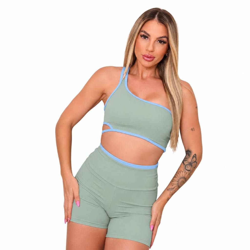 Conjunto Fitness Feminino Aura Top Assimétrico + Short Cós Alto Bicolor Academia