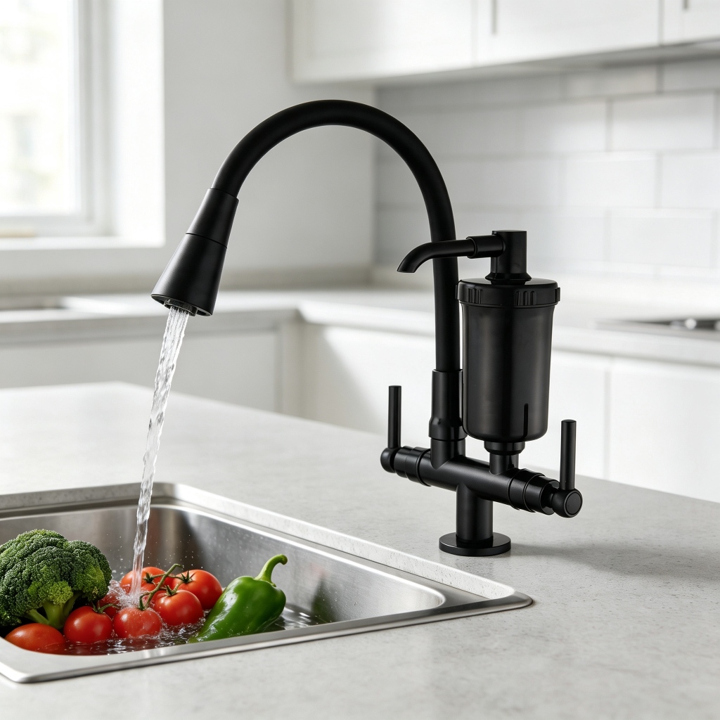 Torneira Cozinha Preta Fosca ABS com Filtro de Água 2 Saídas Mangueira Flexível Chuveirinho 2 Jatos Misturador