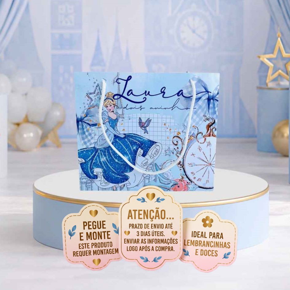 Sacolinha Personalizada Cinderela | Lembrancinha Festa Infantil | (Pegue e Monte)