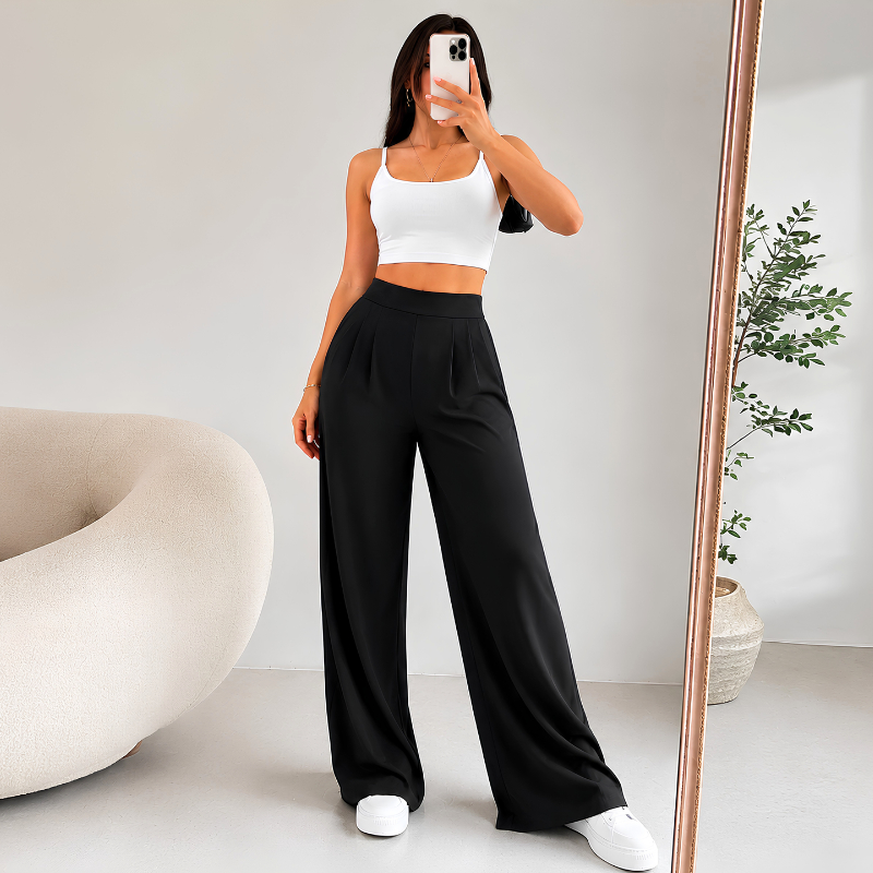 Calça Pantalona Feminina Viscose Premium Com Pregas Casual Trabalho Elegante Caimento Solto