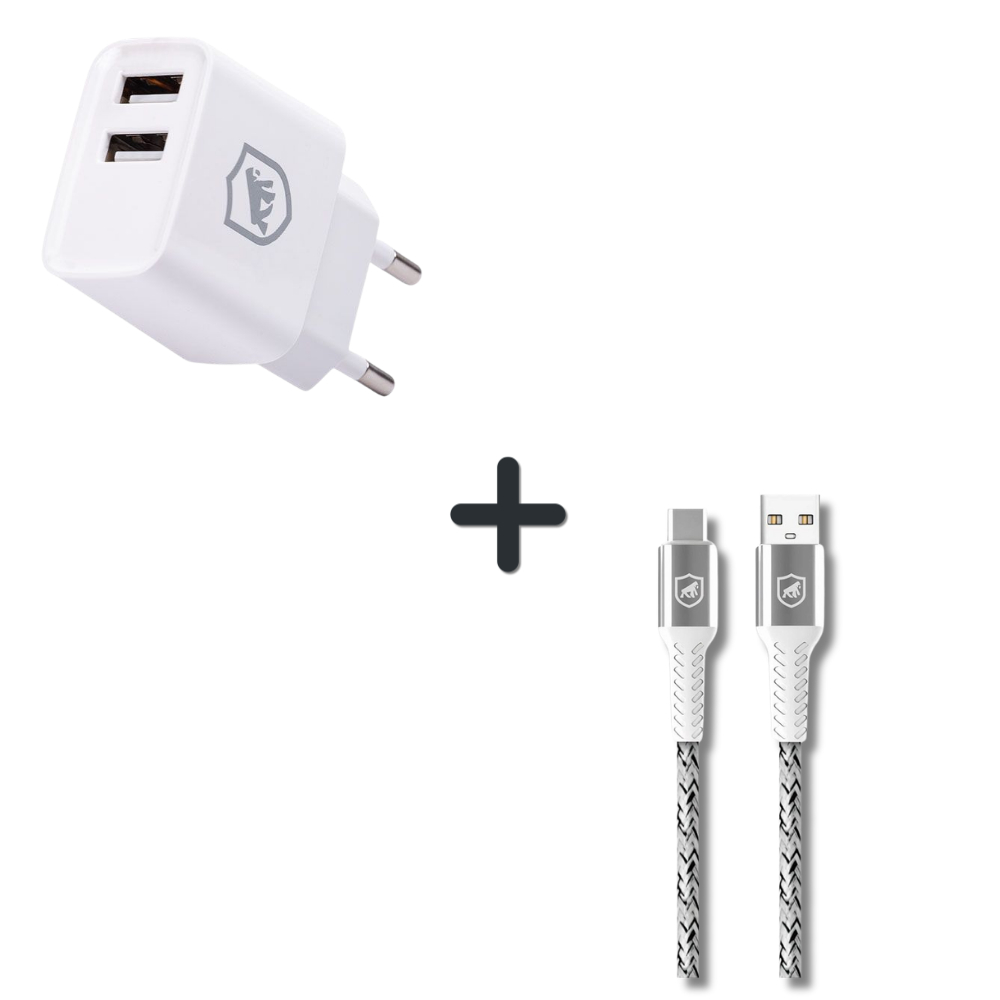 Gshield Kit Carregador de Parede Flex USB-A 12W + Cabo Nylon Kevlar USB-A / Tipo-C 1,5M, Branco