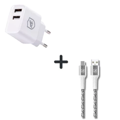 Gshield Kit Carregador de Parede Flex USB-A 12W + Cabo Nylon Kevlar USB-A / Tipo-C 1,5M, Branco