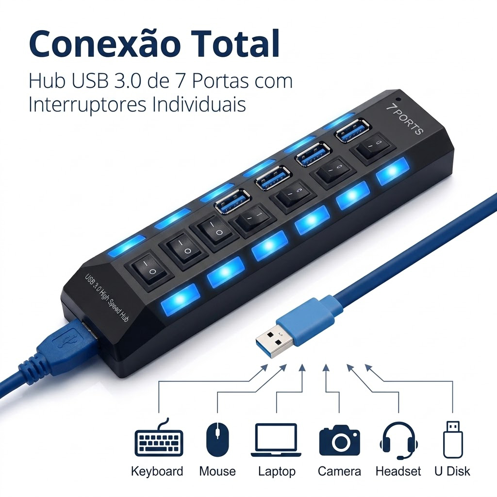 Tira De Extensão De Hub Usb 3.0 7 Portas Com Interruptor Seletor Pc Externo Hd Pendrive