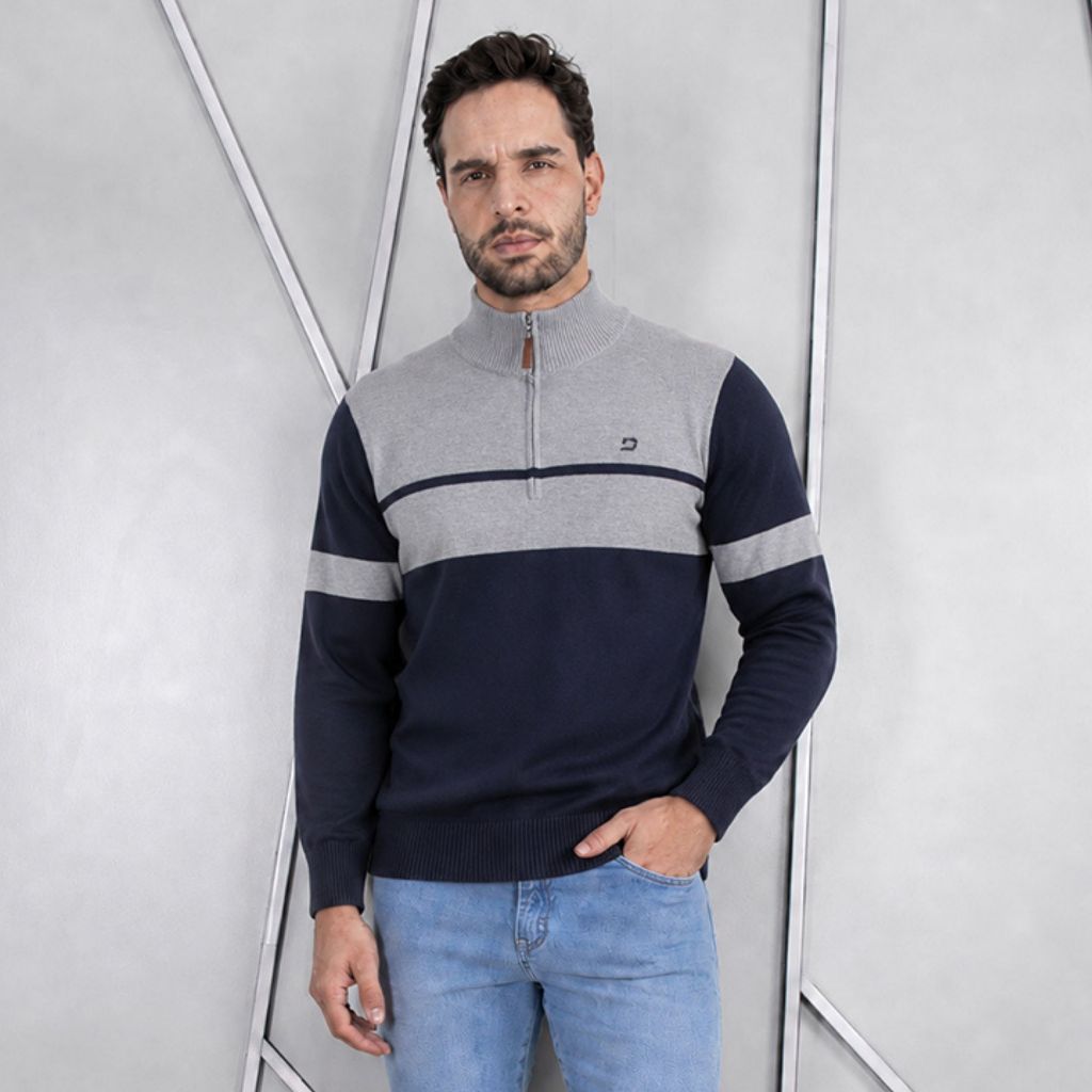 Suéter Masculino Meio Zíper Gola Alta Manga Longa Inverno Tricot Quente Casual Elegante Confortável