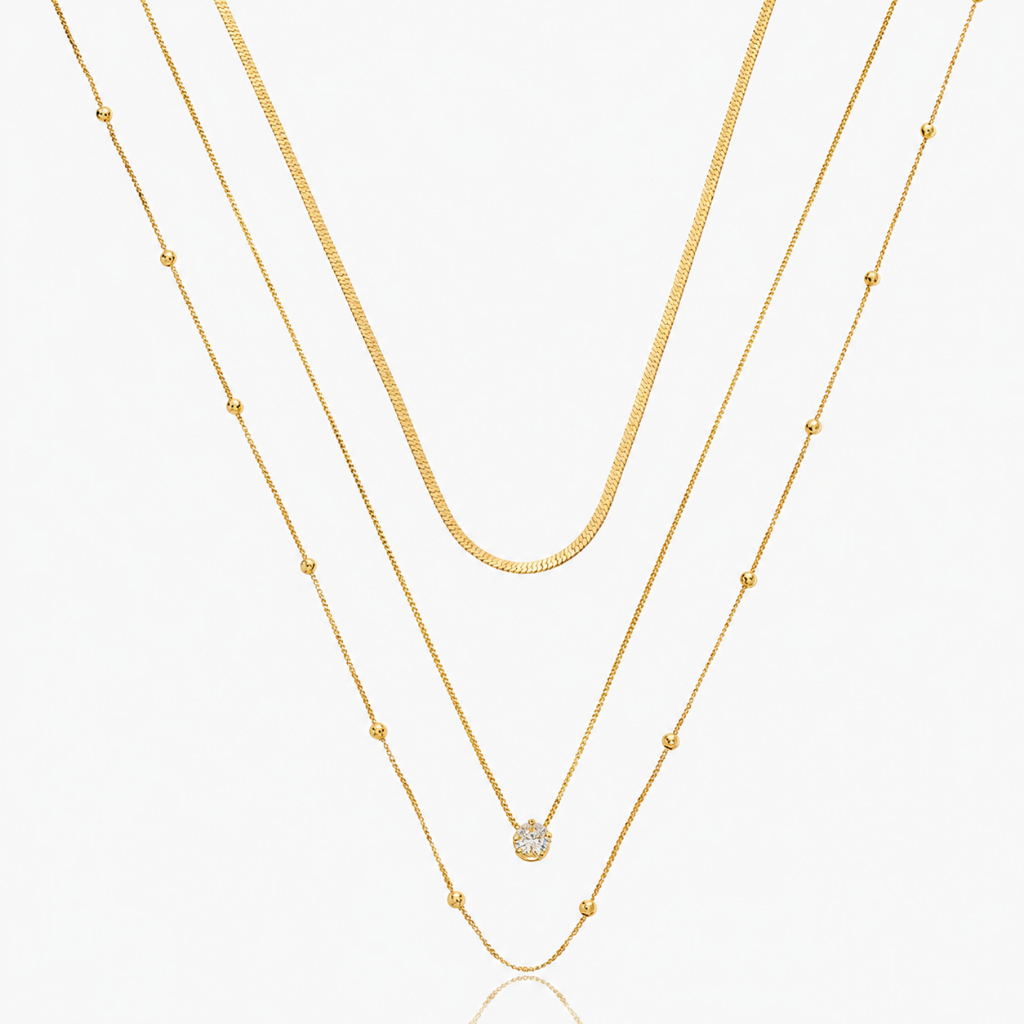 Trio de Colares Femininos Banhados a Ouro 18k Semijoia Minimalista Fita Ponto de Luz e Esferas