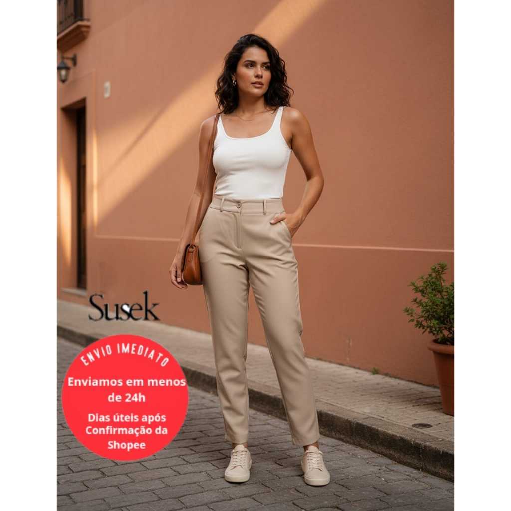 Calça Reta Feminina Cintura Alta Com Bolsos Laterais Twill 91110